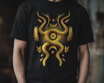 Herr Guldfärgad Orm-T-shirt: Gotisk Sol & Måne Orm-T-shirt
