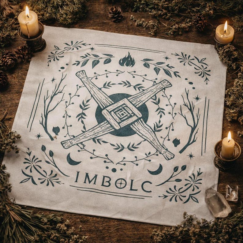 Imbolc Altar Cloth, Brigid's Cross Tarot Cloth, Pagan Holiday Ritual Cloth image 1