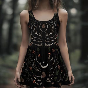 Yule All-Over Print Skater Dress, Bones Dress, Dark Academia Gothic Dress, Mushroom Botanical Vintage Dress, Witchy Pagan Occult