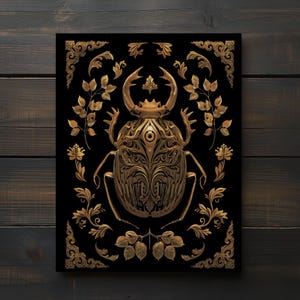Impressão de arte gótica vitoriana de escaravelho dourado, pôster de besouro mal-humorado, estilo romântico escuro, arte de parede floral vintage, barroco, arte de inseto macabro