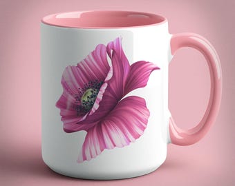 May include: A white ceramic mug with a pink interior and handle. The mug features a pink and white poppy flower design.