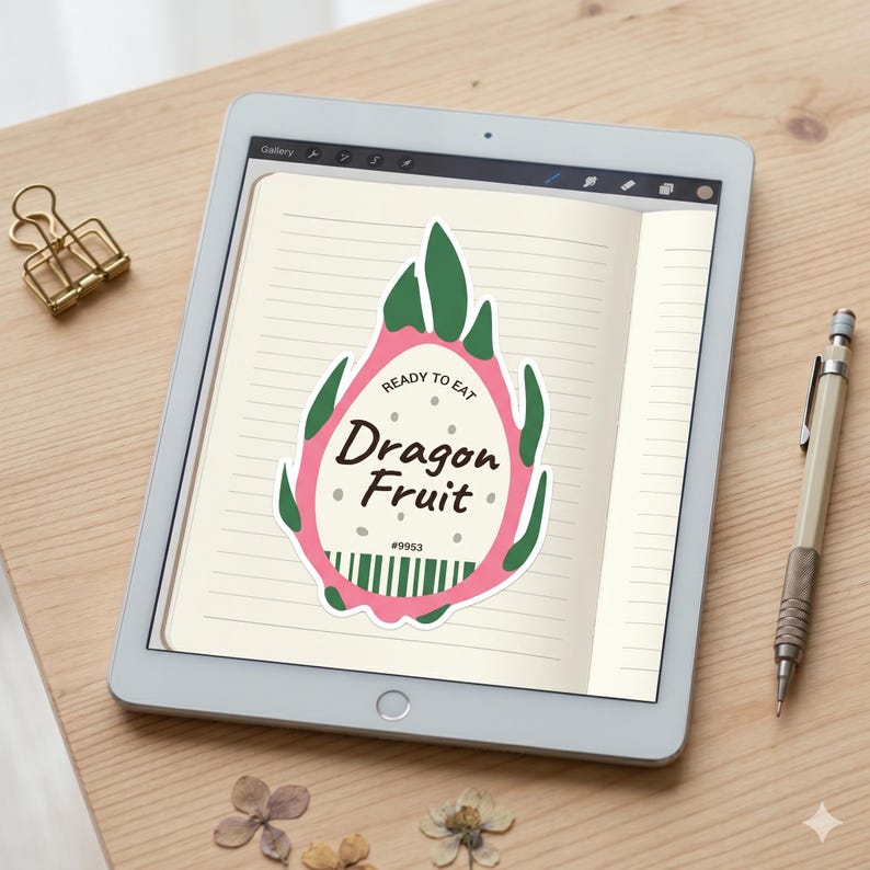 May include: A digital tablet displays a sticker design of a dragon fruit. The sticker is pink and green with the words "Ready to Eat" and "Dragon Fruit". A gold binder clip and a pencil are on the wooden surface.