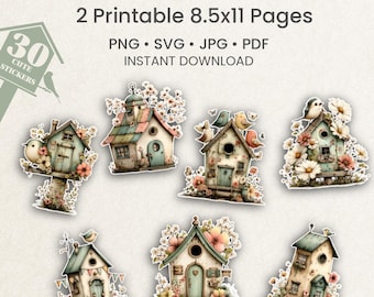 Whimsical Bird House Stickers | 30 Individual Stickers | Printable Digital Download | PNG SVG Jpg PDF