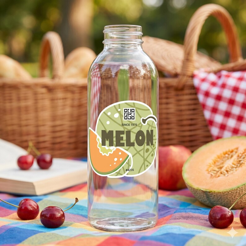 May include: A clear glass bottle with a green and orange melon sticker. The sticker reads "MELON" with a melon slice graphic. The bottle is on a colorful picnic blanket with cherries and a cantaloupe half.