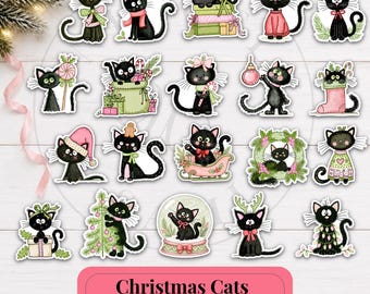 75 Christmas Cat Stickers PNG PDF JPG, Cute Black Kitty Holiday Clipart, Digital Planner Bundle
