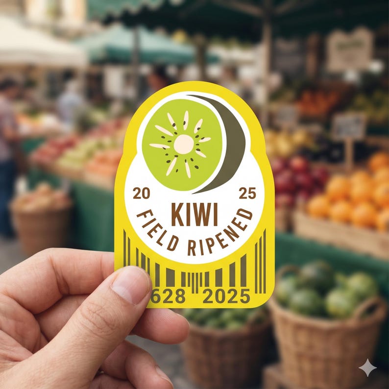 May include: A yellow sticker with a kiwi fruit graphic and the text "KIWI FIELD RIPENED". The sticker also includes a barcode and the numbers "20 25" and "628 2025". The background is a blurred image of a farmer's market.