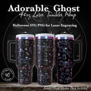 May include: Three black 1183ml laser tumbler wraps with a ghost design. The tumblers have a handle and a lid with a rainbow iridescent trim. The ghost design includes bats, pumpkins, and ghosts wearing hats and masks. The text on the image says "Adorable Ghost" and "Halloween SVG PNG for Laser Engraving."