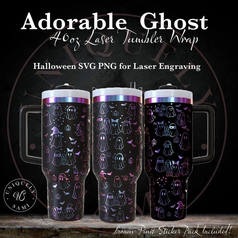 May include: Three black 1183ml laser tumbler wraps with a ghost design. The tumblers have a handle and a lid with a rainbow iridescent trim. The ghost design includes bats, pumpkins, and ghosts wearing hats and masks. The text on the image says "Adorable Ghost" and "Halloween SVG PNG for Laser Engraving."