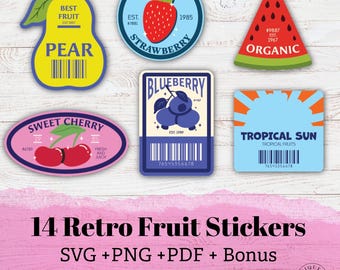 Retro Fruit Sticker Pack: 14 Vibrant Designs (SVG, PNG, PDF Digital Download) Bonus Gift