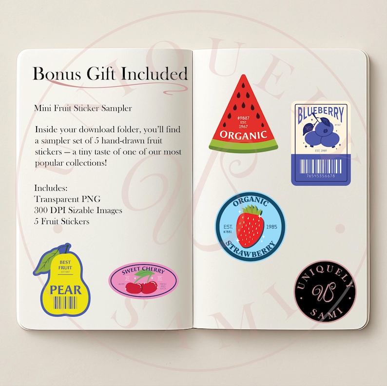 May include: Notebook displaying fruit stickers, such as a watermelon, strawberry, and blueberry. Text reads "Bonus Gift Included" and "Mini Fruit Sticker Sampler". Includes transparent PNG images.