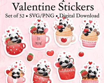 Panda Cupcake Valentine Stickers | Set of 32 (SVG + PNG Digital Download )