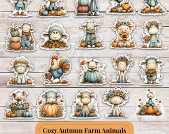50 Cozy Autumn Farm Animal Stickers PNG PDF JPG, Fall Cute Livestock Clipart, Digital Planner Bundle