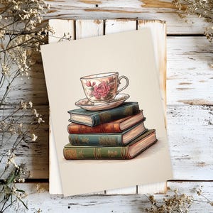 Aquarell Teetasse auf Stapel Vintage Bücher mit zartem Blumenmuster auf Tasse Sublimation PNG Design Bücherstapel Druckbarer digitaler Download