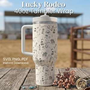 May include: A white 40oz tumbler wrap with a handle, featuring a repeating black and white rodeo-themed pattern. The design includes cowboy boots, hats, horseshoes, and the text "Lucky Rodeo".
