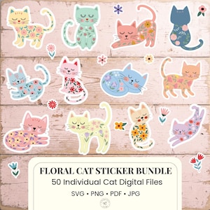 Puede incluir: Un paquete de pegatinas digitales con doce gatos ilustrados en varias poses, cada uno decorado con patrones florales en colores pastel y vibrantes, acompañado de pequeños iconos de flores y el texto FLORAL CAT STICKER BUNDLE 50 Individual Cat Digital Files.