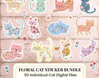 かわいい花柄の猫ステッカーセット：猫のステッカー50枚（SVG、PNG、PDF、JPG形式）デジタルダウンロード