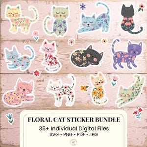 May include: A selection of cat stickers with floral designs in various colours, arranged on a wooden surface. The stickers feature text: "Floral Cat Sticker Bundle" and "35+ Individual Digital Files".