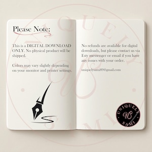 May include: Open notebook with text: "Please Note: This is a DIGITAL DOWNLOAD ONLY. No physical product will be shipped. Colors may vary slightly depending on your monitor and printer settings." Also, "No refunds are available for digital downloads, but please contact us via Esty messenger or email if you have any issues with your order. uniquelysami89@gmail.com."