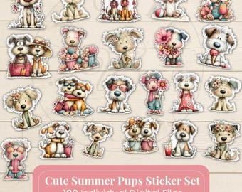 100 Cute Summer Pups Stickers Digital Planner PNG Transparent Dog Clipart Whimsical Sticker Pack, PDF, Jpg