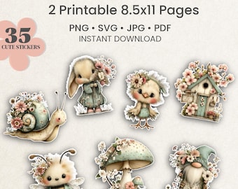 Paquete de pegatinas de primavera caprichosas PNG SVG Jpg PDF, 35 pegatinas imprimibles, descarga digital.