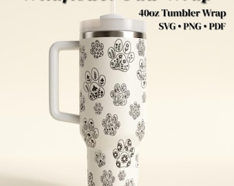 Wildflower Paw Tumbler Wrap, Boho Floral Cat Mom Cup Design (SVG PNG PDF)