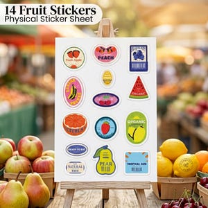 May include: A sheet of 14 fruit stickers with various designs, including a fresh apple, peach, banana, citrus, strawberry, and pear. The stickers are displayed on a white background with the text "14 Fruit Stickers Physical Sticker Sheet".
