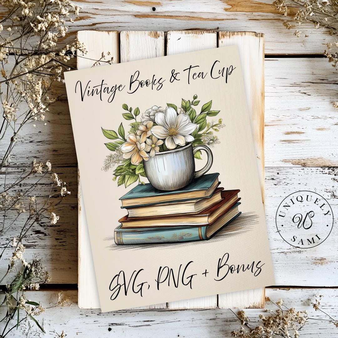 Watercolor Book Stack & Teacup Clipart: Vintage Floral Design (PNG, SVG ...