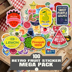 May include: A collection of 100 retro fruit stickers in various shapes and colors, including strawberries, pears, and watermelons. The stickers feature text like "Organic Strawberry" and "Delicious Pear".