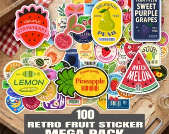 100 Retro Fruit Digital Sticker Bundle:  Vintage Market Designs (png, svg, pdf, jpg)