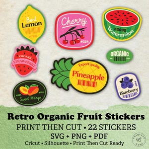 Pegatinas de frutas retro, etiquetas vintage para productos, imprimir y cortar (PNG, SVG, PDF)