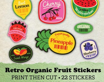 Retro Fruit Stickers, Vintage Produce Labels, Print Then Cut (PNG SVG PDF)