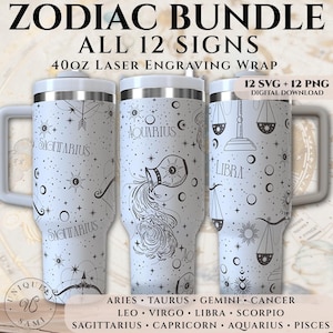 May include: Three white 40oz tumblers with silver lids and handles, each featuring a different zodiac sign design in black. The tumblers are labeled with the signs Sagittarius, Aquarius, and Libra. The text "ZODIAC BUNDLE" and "ALL 12 SIGNS" are at the top.