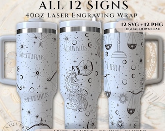 Zodiac Tumbler Wrap Bundle | 12 Celestial Signs, Laser Engraving (SVG + PNG Digital Download)