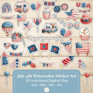 Peut inclure: Une collection d'autocollants à l'aquarelle sur le thème patriotique américain, incluant des caravanes, drapeaux, étoiles, cœurs, feux d'artifice et cupcakes. L'ensemble comprend des textes comme USA, 4th of July et Happy Independence Day, soit 50 fichiers.
