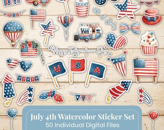 July 4th Watercolor Stickers Patriotic Clipart Bundle Independence Day Digital Download PNG SVG PDF Jpg