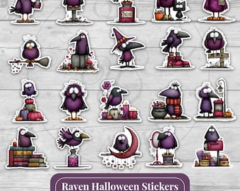 50 Halloween Raven Stickers PNG PDF JPG, Spooky Crow Clipart, Cute Goth Digital Planner Bundle