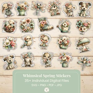 35 grillige lente digitale stickerbundel PNG SVG Jpg PDF, afdrukbare, downloadbare stickers.