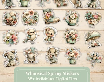 35 Whimsical Spring Digital Sticker Bundle PNG SVG Jpg PDF, Printable, Downloadable Stickers.
