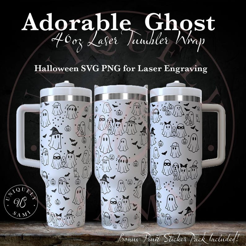 May include: Three white 1.18 litre tumblers with a wraparound design featuring black ghost illustrations, bats, and pumpkins. Each tumbler has a white handle and lid. Text on the image reads "Adorable Ghost 40oz Laser Tumbler Wrap."