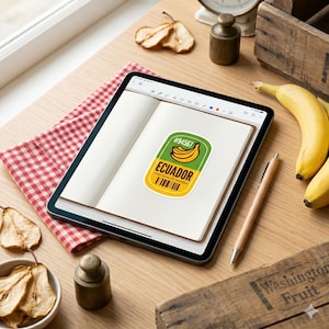 May include: A digital tablet displays a sticker with a banana graphic and the text "ECUADOR HIGH QUALITY BANANA". The tablet rests on a wooden surface with a red and white checkered cloth, dried pears, and fresh bananas.