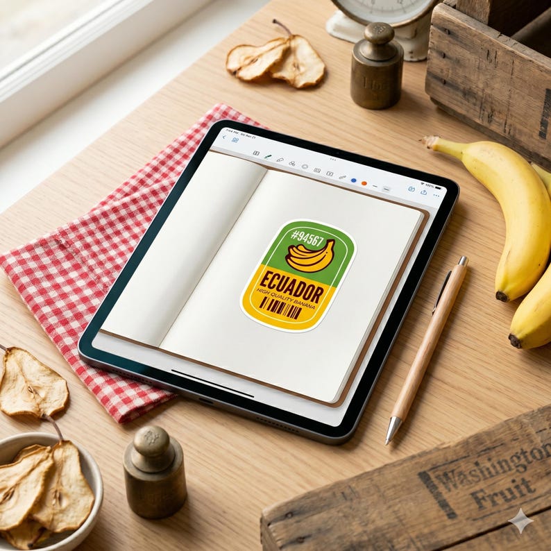 May include: A digital tablet displays a sticker with a banana graphic and the text "ECUADOR HIGH QUALITY BANANA". The tablet rests on a wooden surface with a red and white checkered cloth, dried pears, and fresh bananas.