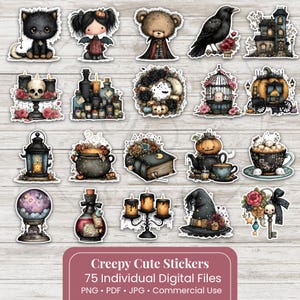 May include: A collection of digital stickers featuring gothic and Halloween-themed illustrations including a black cat, a bear in a cape, a raven, a haunted house, a skull, potion bottles, a wreath, a birdcage, a pumpkin carriage, a lantern, a cauldron, a book, a teapot, a teacup, a crystal ball, a witch hat, and a key.