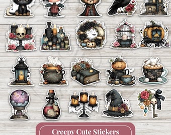 Creepy Cute 75 Halloween Stickers PNG PDF JPG, Spooky Kawaii Digital Clipart, Gothic Planner Bundle