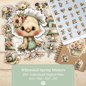 May include: A collection of whimsical spring stickers featuring a cute chick with a floral headpiece, a bunny, a puppy, and other spring-themed designs. The image includes a tablet displaying more sticker designs and the text "Whimsical Spring Stickers".
