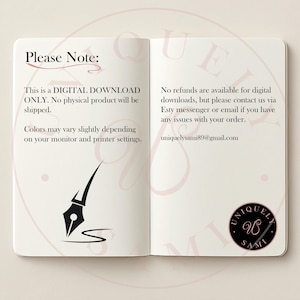 May include: Open notebook with text: "Please Note: This is a DIGITAL DOWNLOAD ONLY. No physical product will be shipped. Colors may vary slightly depending on your monitor and printer settings." Also, "No refunds are available for digital downloads, but please contact us via Esty messenger or email if you have any issues with your order. uniquelysami89@gmail.com."