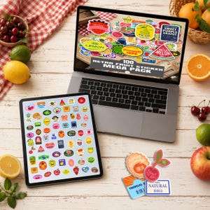 May include: A laptop and tablet display colorful retro fruit stickers. The laptop screen shows a variety of sticker designs, including "Lemon" and "Pineapple." The tablet also displays the stickers. The image includes fresh fruit and the text "100 Retro Fruit Sticker Mega Pack."