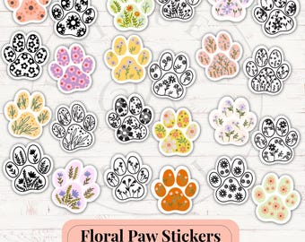 50 Floral Paw Print Stickers, Dog Cat Lover Digital Sticker Bundle