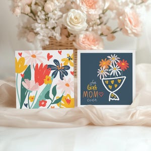 Druckbare Muttertagskarte, 4er Set PNG JPG, Sofortiger Download, Digital mit Liebe, mutige Blumenkarten, 5 x 5 Größenverstellbare Karten alles Gute zum Muttertag