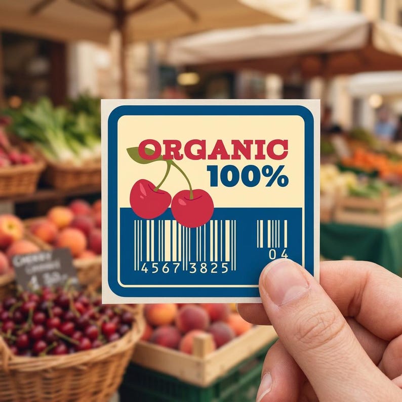 May include: A square sticker with a blue border and the words "ORGANIC 100%" in red. Two red cherries are depicted above a barcode. The sticker is held in front of a farmer's market.