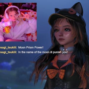May include: A digital avatar with long dark hair wearing a black cat-ear cap, a crescent moon forehead mark, and a black outfit with an orange plaid bow. A small inset video shows a person wearing headphones and a white zip-up hoodie with chat text.